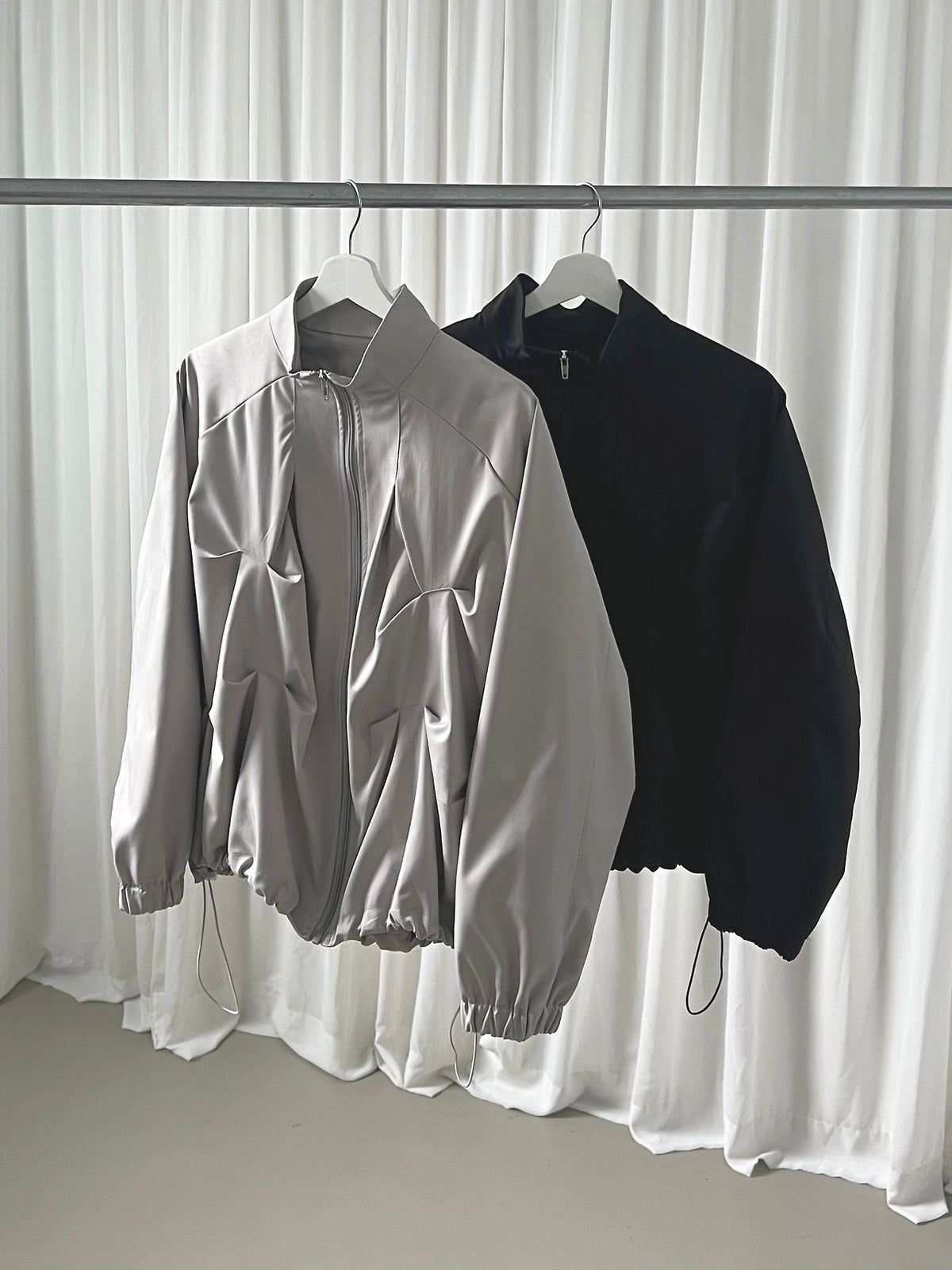 Stand Collar Full Zip Cropped Jacket with Pleated Panel Detail