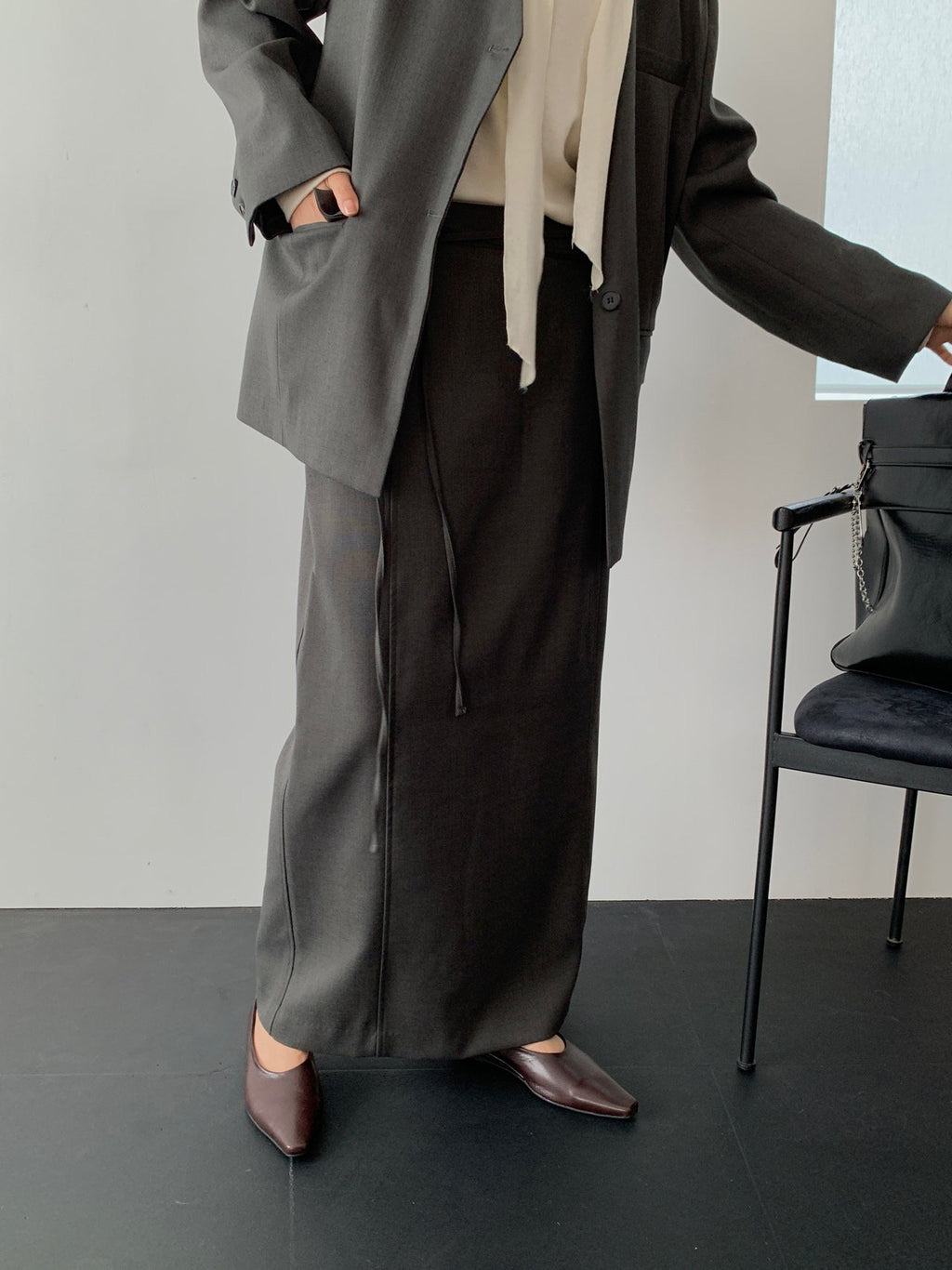 Khaki Brown long skirt styled with a white top