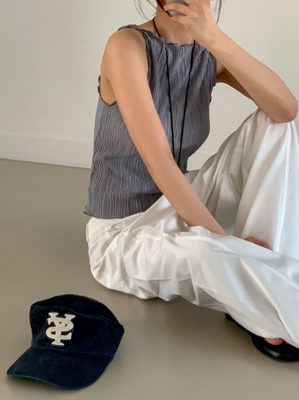 Moment pleated boat neck tank top in Blue-Grey, front view close-up pleated texture