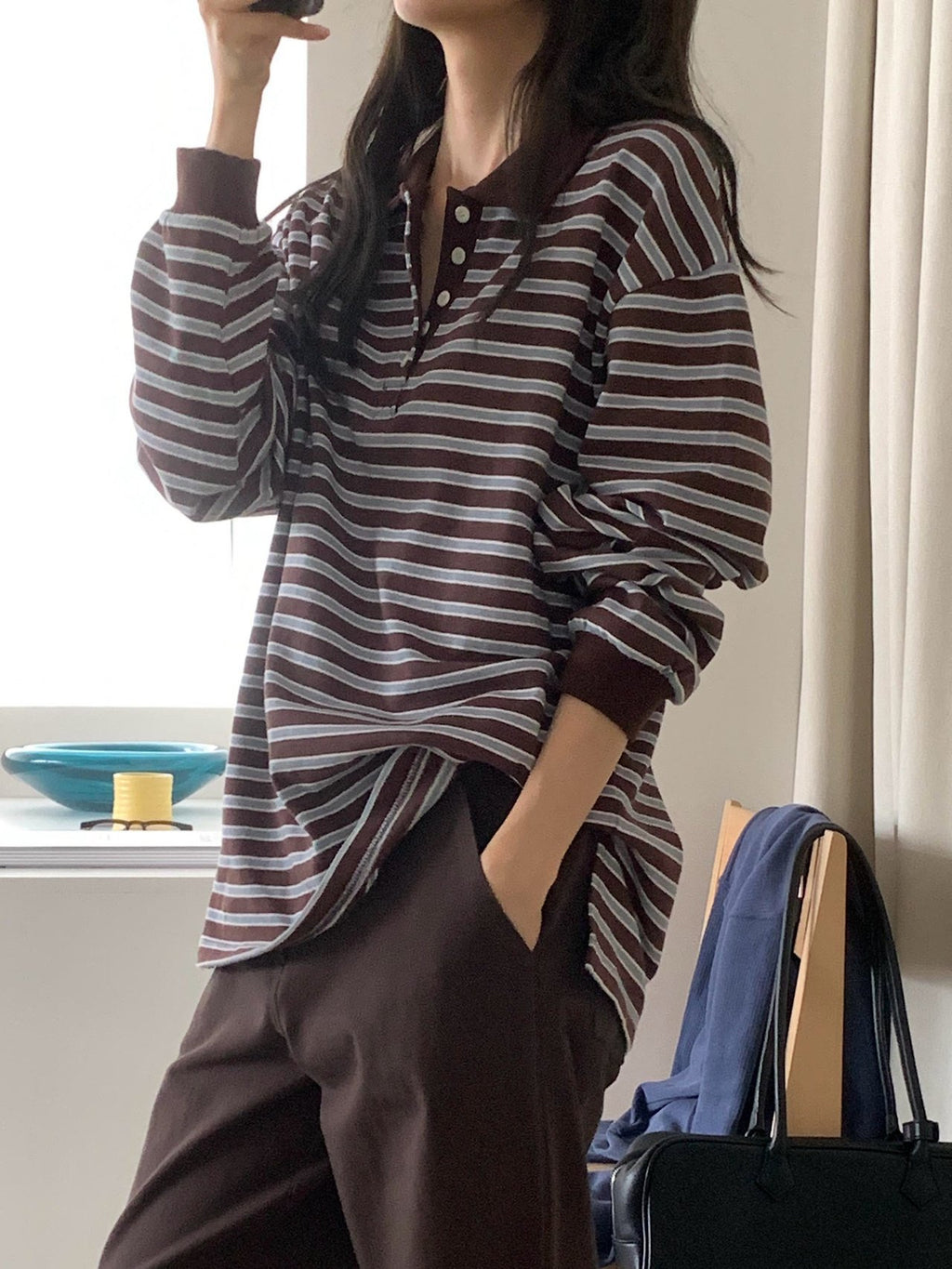 Striped Polo Collar Long Sleeve Tee with Side Slits