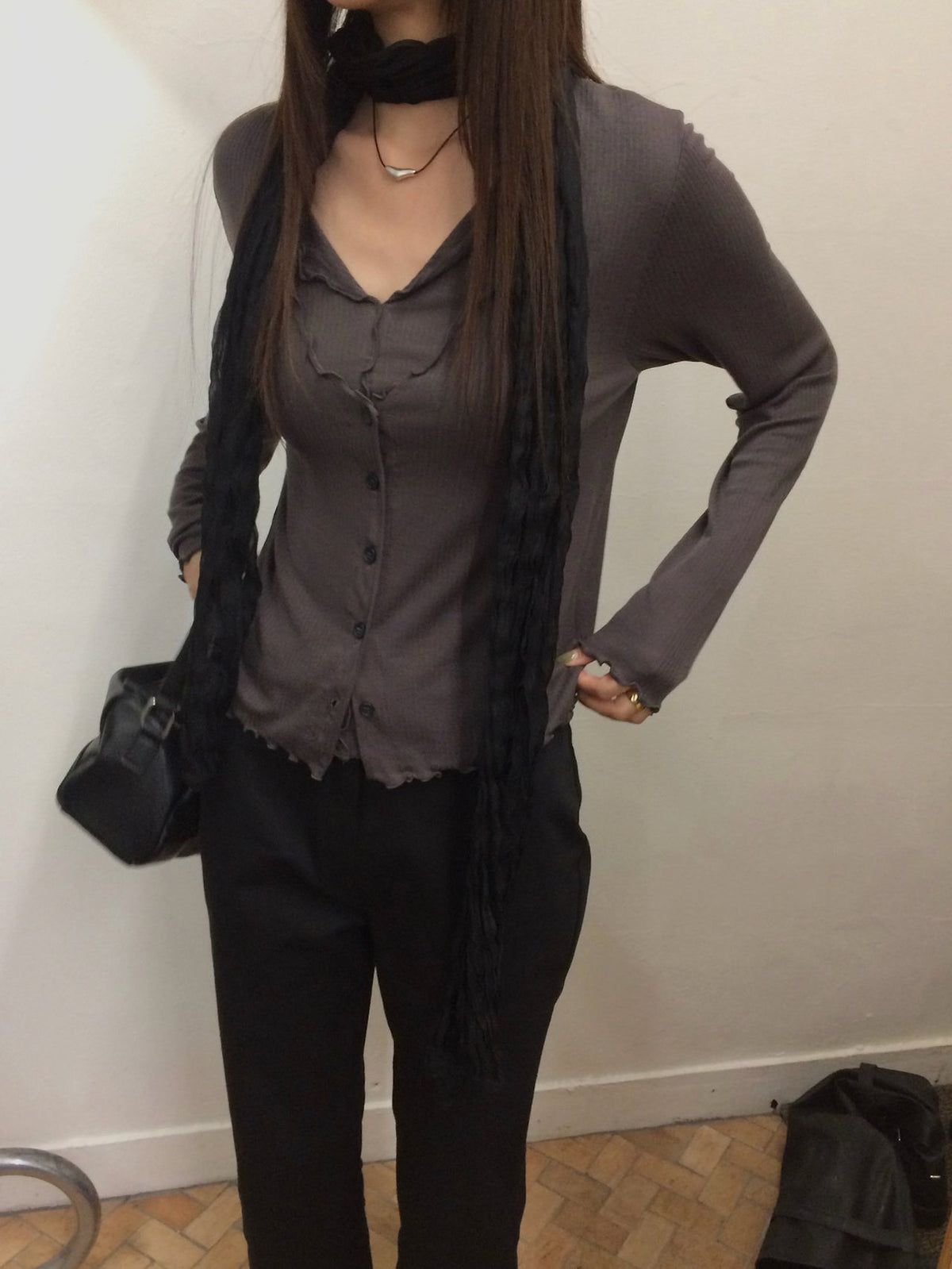 Wave Hem Ribbed Button-Front Long Sleeve Top