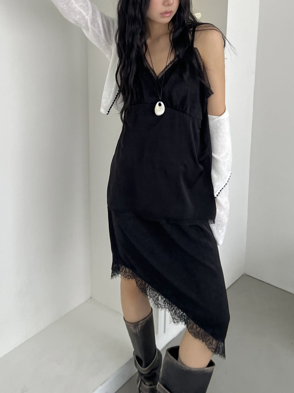 ASKHAKI Lace Trim Slip Blouse & Asymmetric Skirt Set
