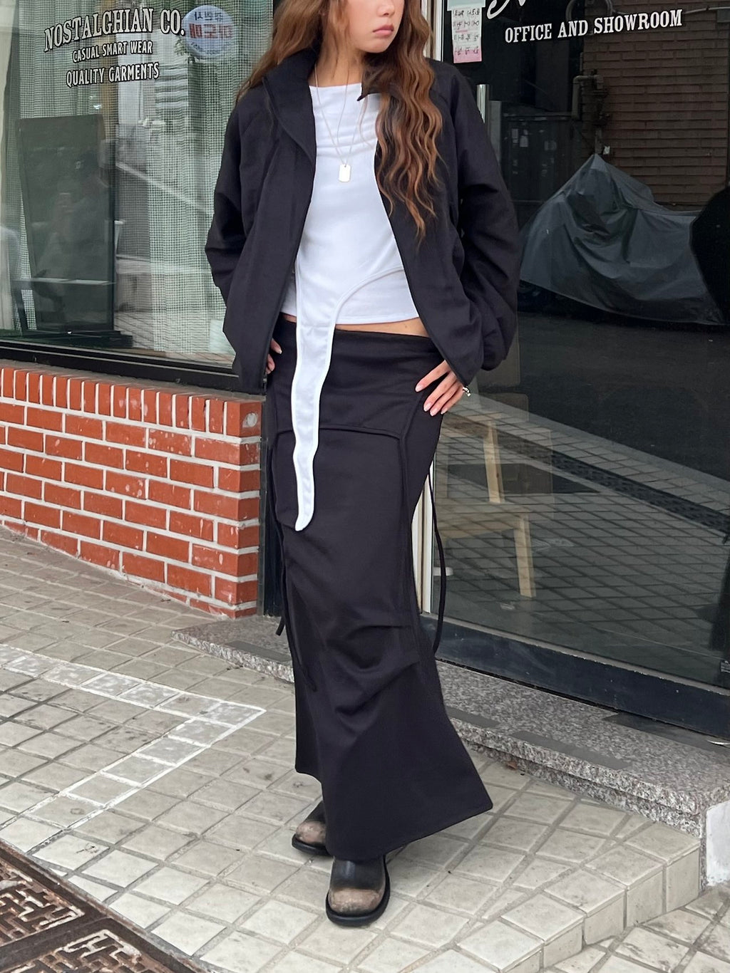 Drawstring Waist Maxi Cargo Pocket Apron Skirt