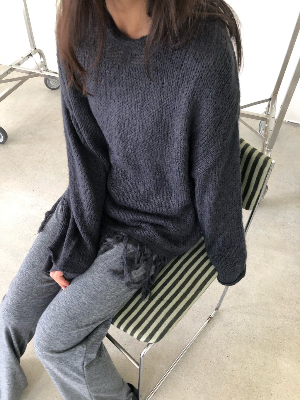 Open-Knit Fringe Sweater Ivory full body front view styled