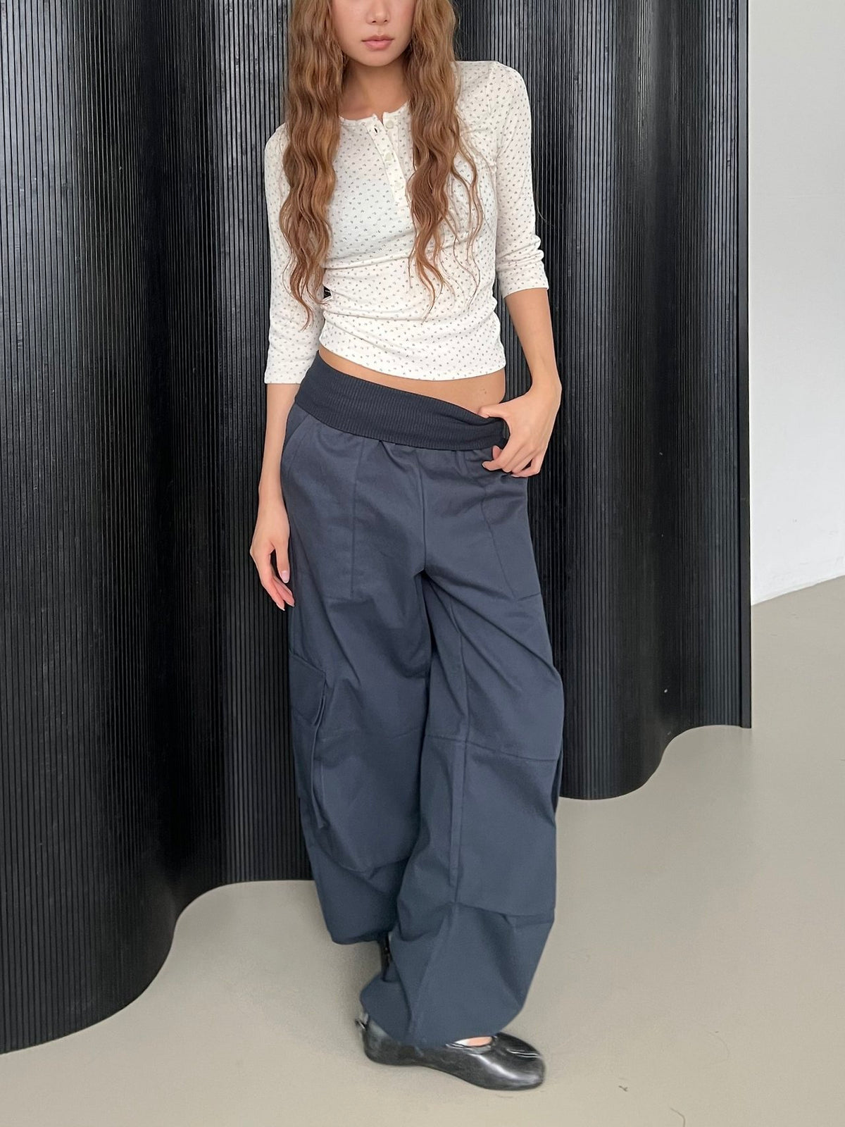 Rib Waistband Wide Leg Cargo Pants