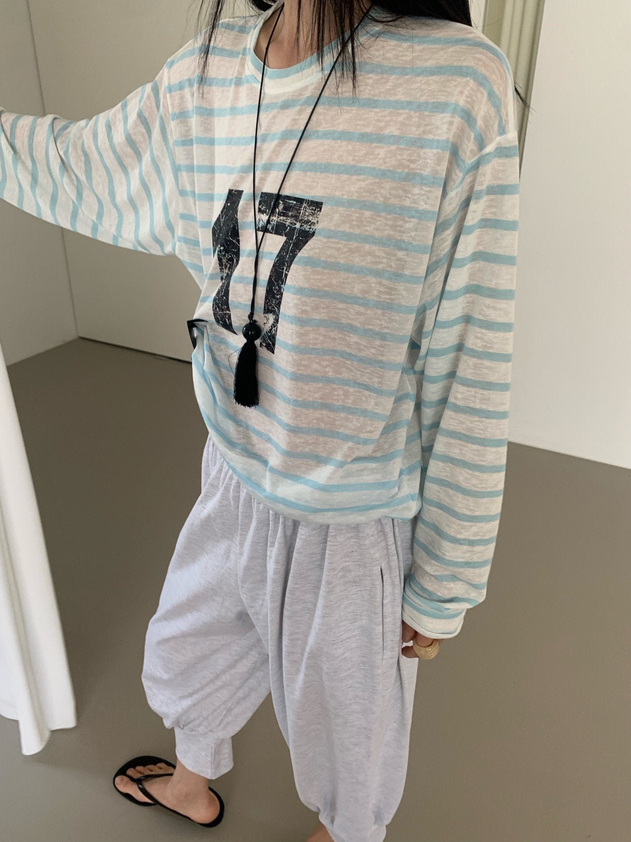 VAARA Number 17 Stripe Oversized Crew Neck Long Sleeve T-Shirt