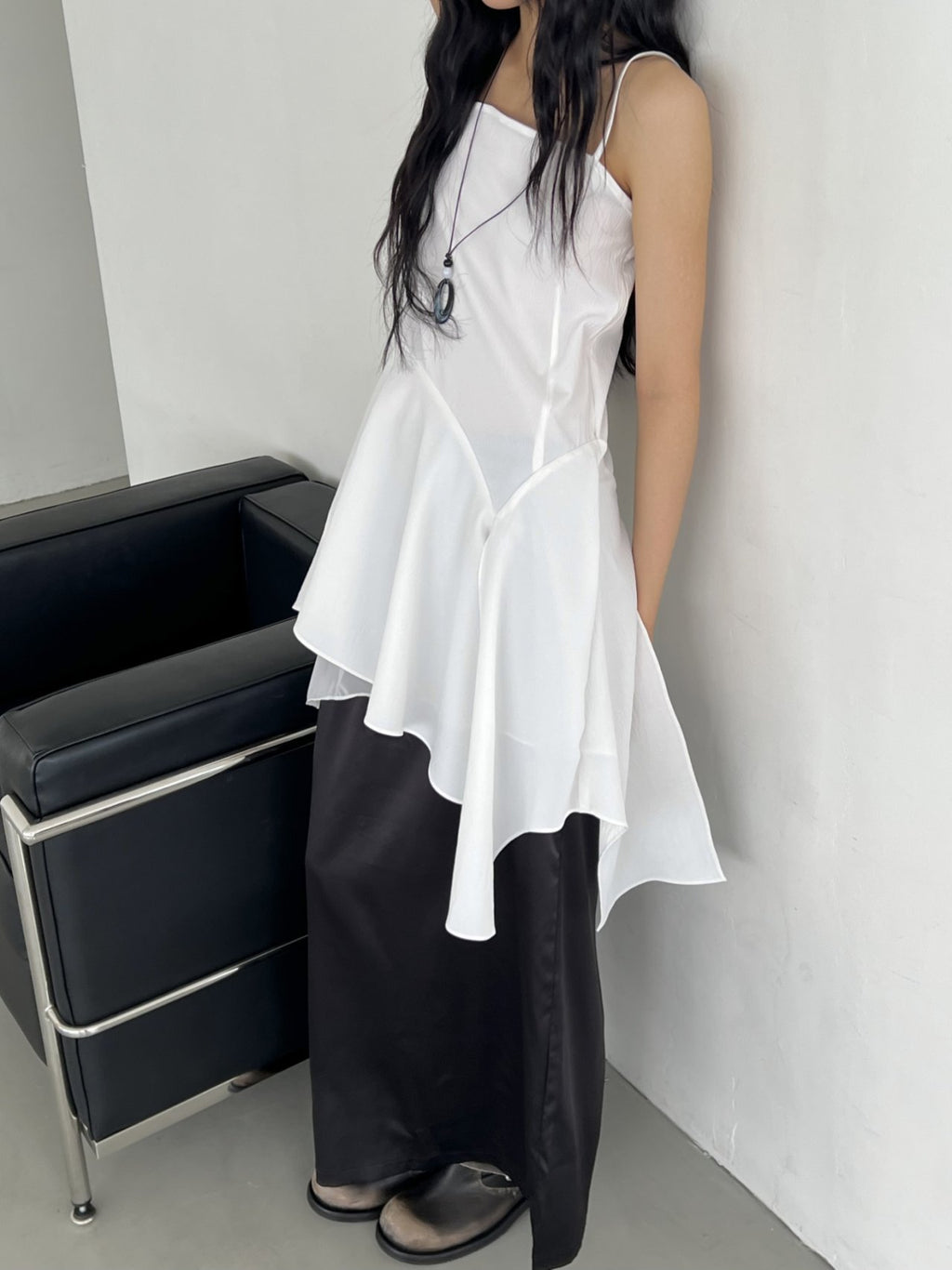 ASKHAKI Square Neck Chiffon Flare Mini Dress