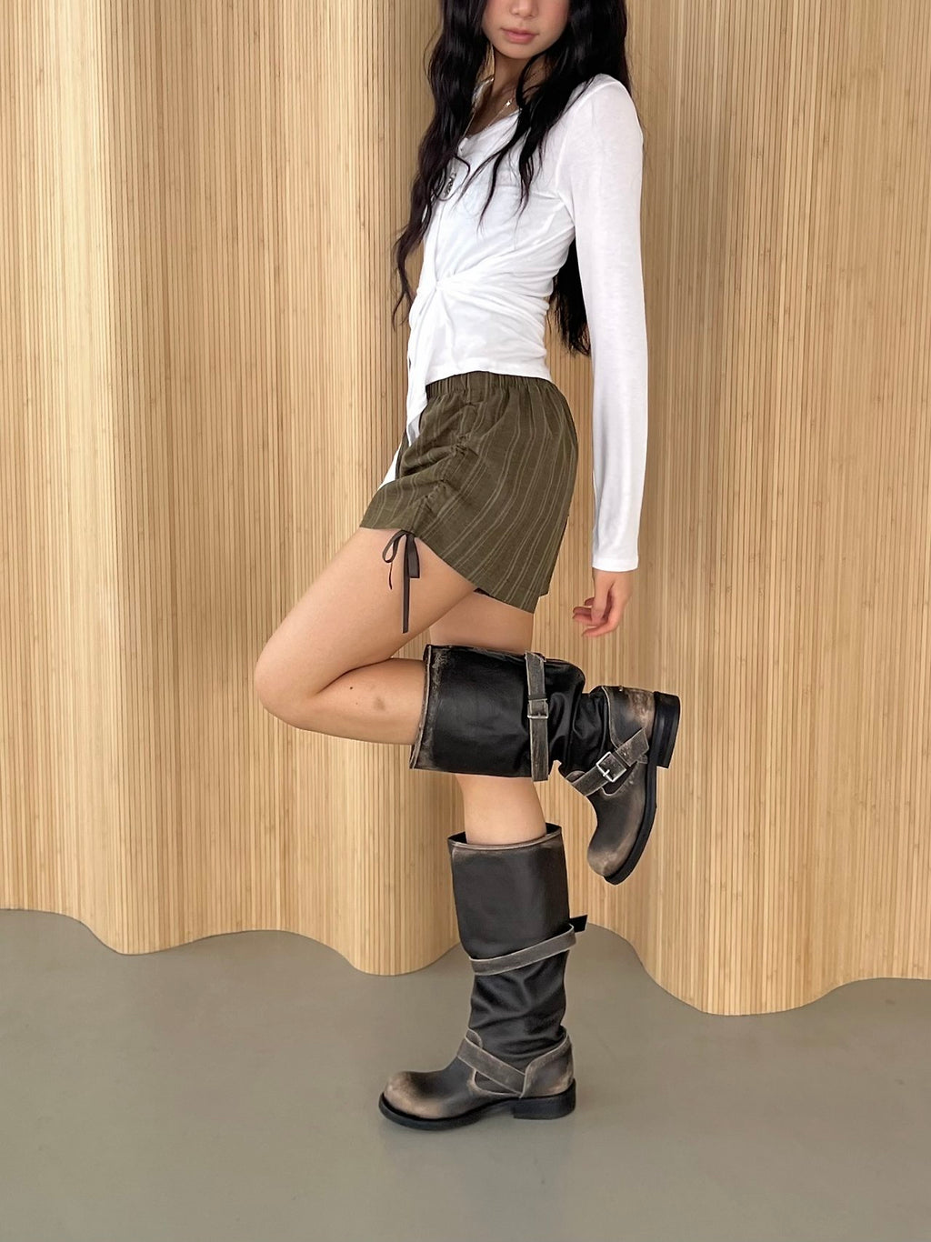 ASKHAKI Stripe Side Ruffle Drawstring Bow Elastic Waist Shorts