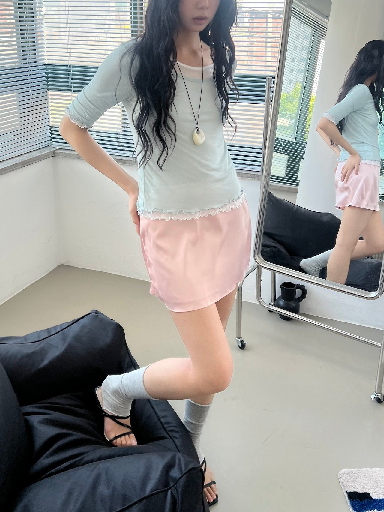 ASKHAKI Satin High Waist Mini Skirt