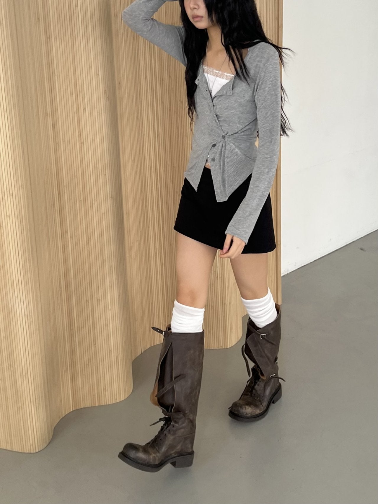 ASKHAKI Button-Front Drawstring Cropped Long Sleeve Cardigan