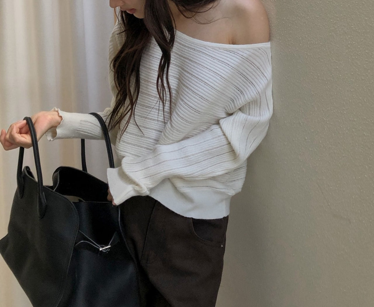 Oversized Wide Boat Neck Cropped Rib Knit Top