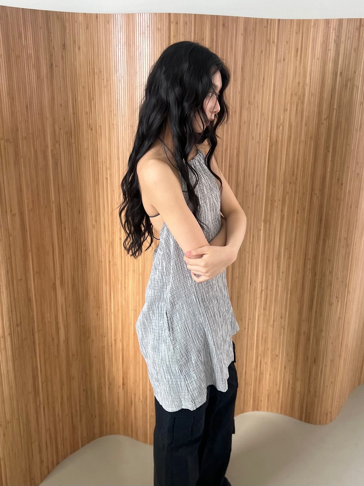 ASKHAKI Mini Check Ruffle Neck Cropped Cardigan and Spaghetti Strap Dress Set