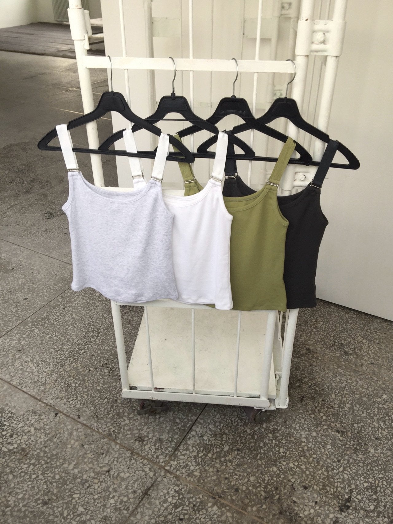 Nweol ribbed square neck tank top in White, front view seated