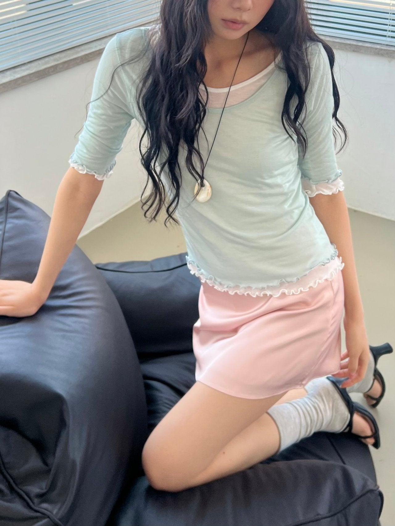 ASKHAKI Satin High Waist Mini Skirt