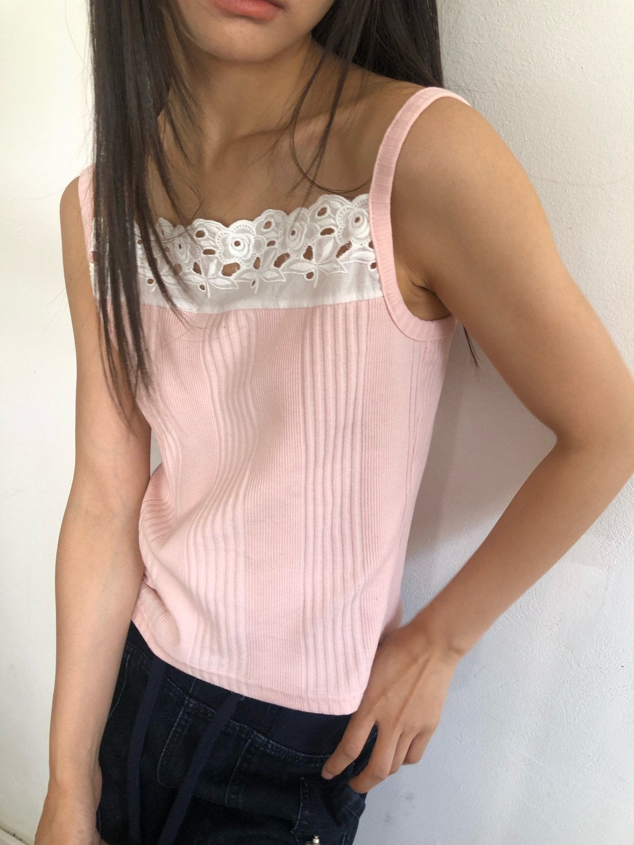 (2Pack)NueFlash Eyelet Lace Yoke Pintuck Sleeveless Top