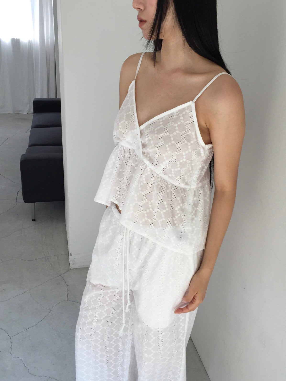 Lovemoment Eyelet Lace V-Neck Spaghetti Strap Tank Top (+Optional Pants)