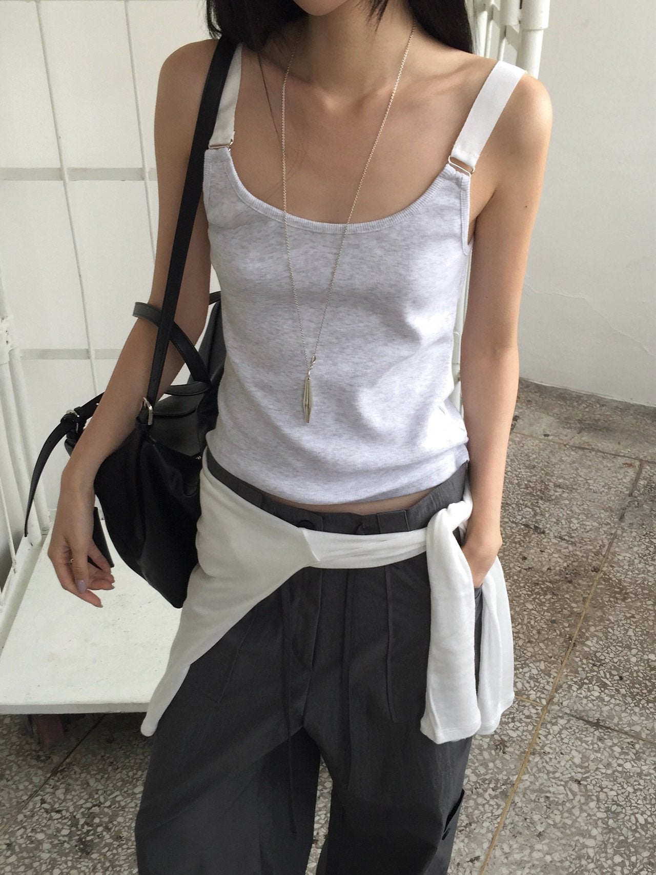 Nweol ribbed square neck tank top in White with contrast trim, front view