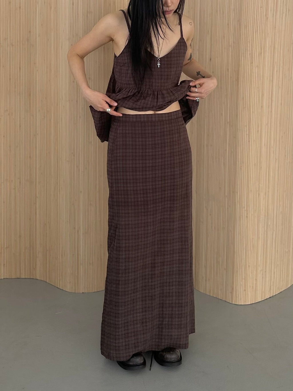 ASKHAKI Check Texture Spaghetti Strap Blouse and Maxi Skirt Set