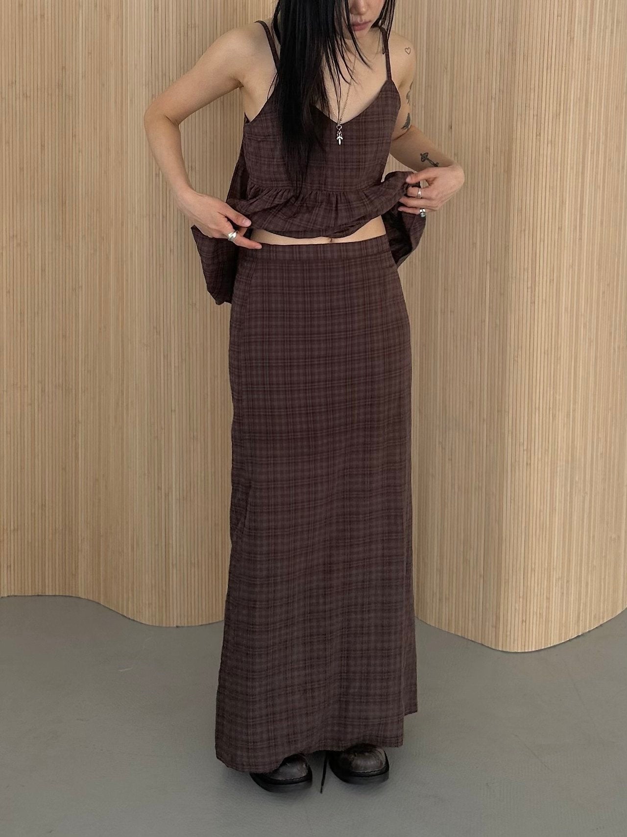 ASKHAKI Check Texture Spaghetti Strap Blouse and Maxi Skirt Set