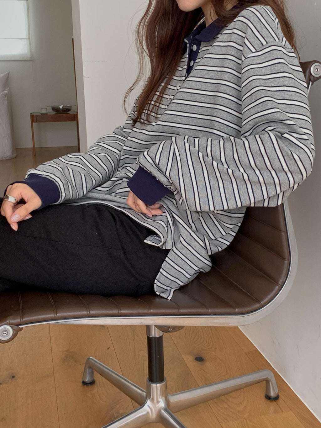 Striped Polo Collar Long Sleeve Tee with Side Slits