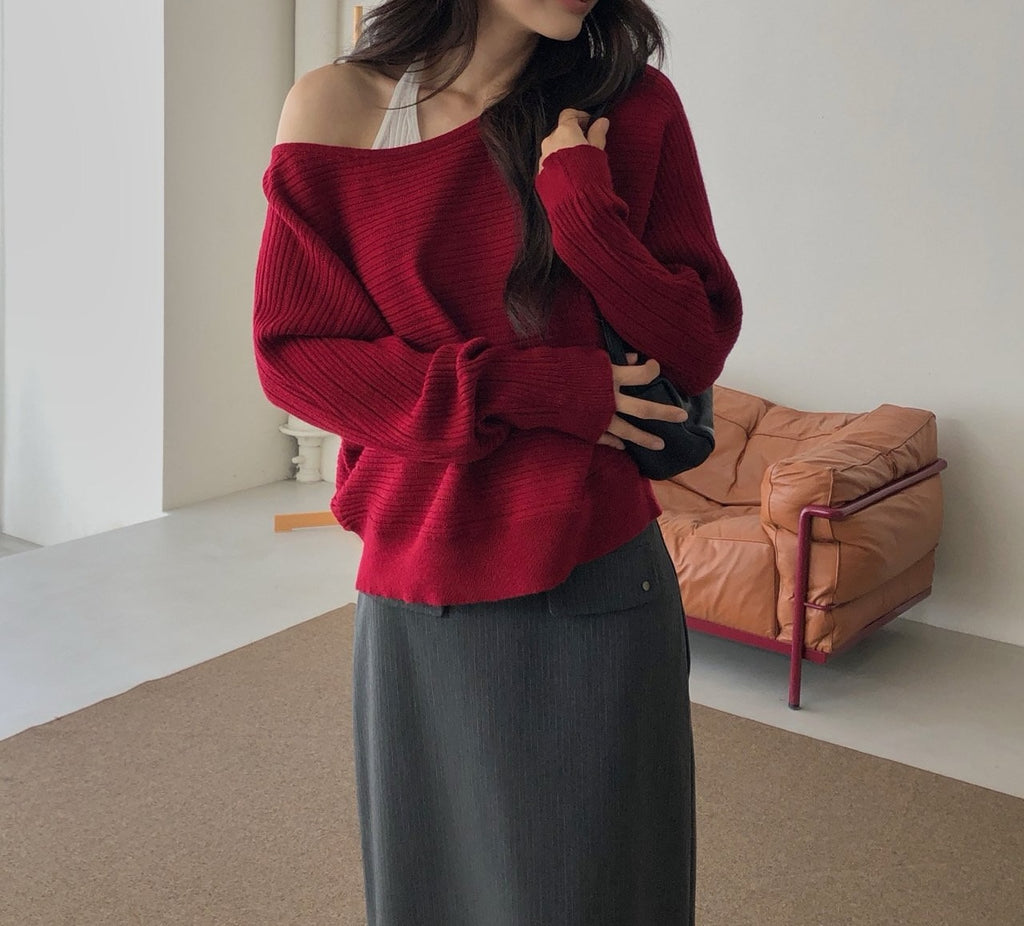 Oversized Wide Boat Neck Cropped Rib Knit Top