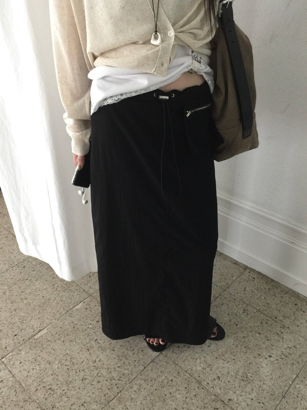 Nweol low rise zip pocket maxi skirt in Charcoal, product flat lay front view