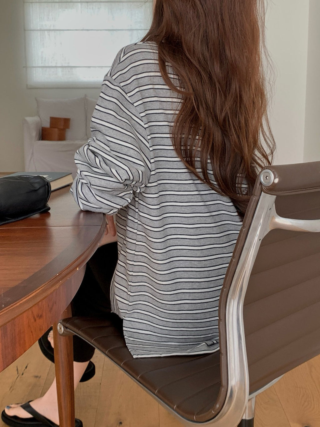 Striped Polo Collar Long Sleeve Tee with Side Slits