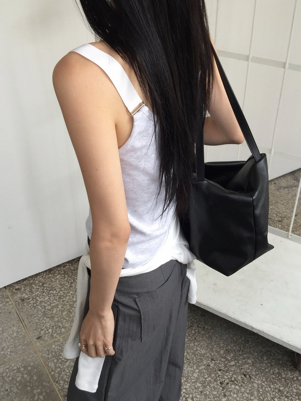 Nweol ribbed square neck tank top, four colorways on hangers — Ivory, White Melange, Lime, Charcoal