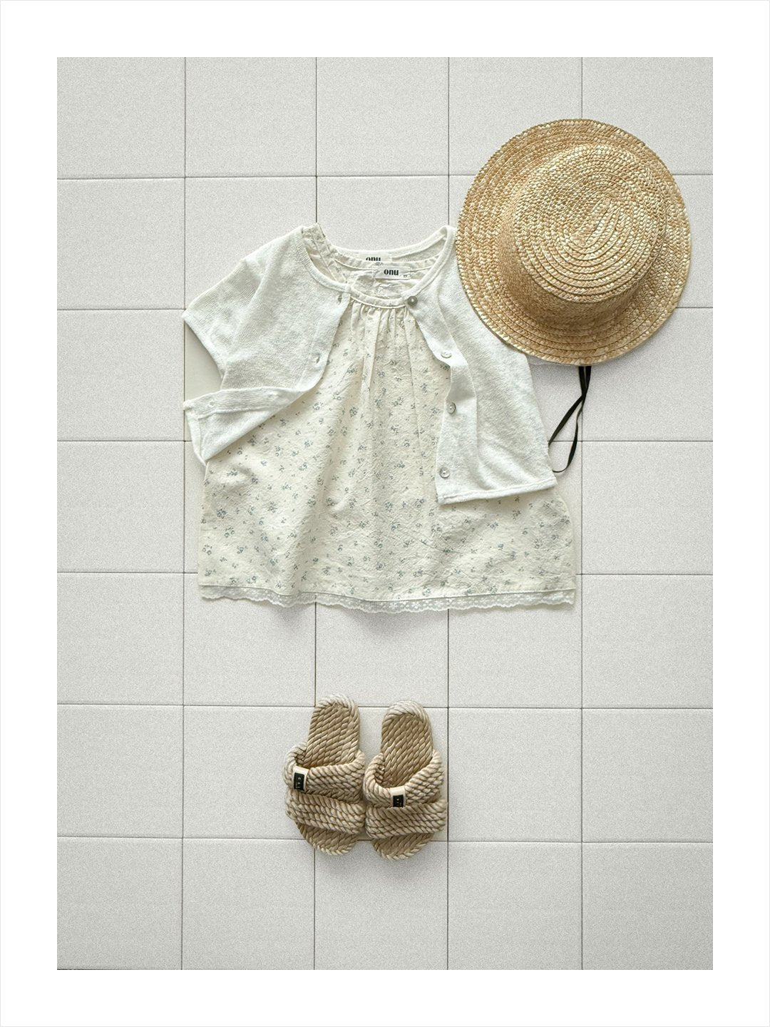 Onu Ditsy Floral Shirred Neck Dress with Lace Hem (+Optional Knit Cardigan)— Kids