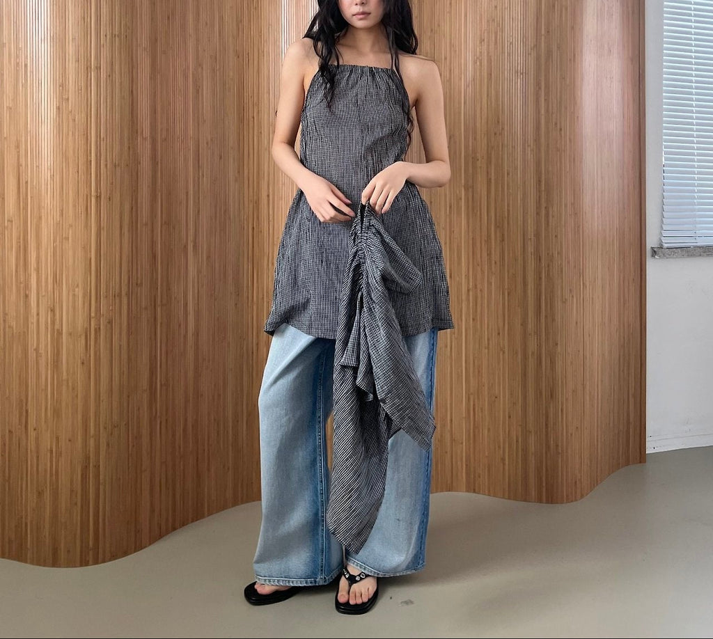 ASKHAKI Mini Check Ruffle Neck Cropped Cardigan and Spaghetti Strap Dress Set