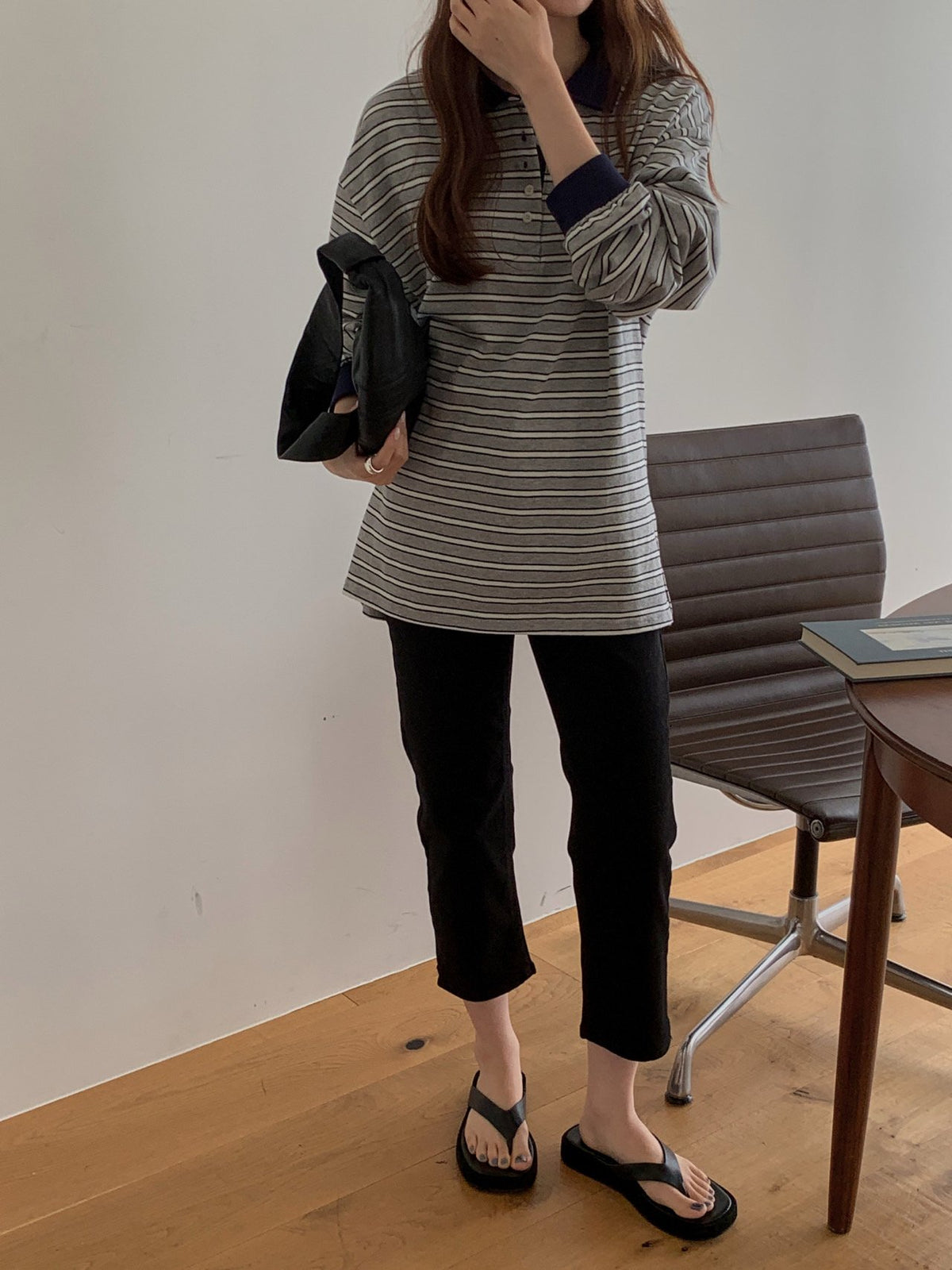 Striped Polo Collar Long Sleeve Tee with Side Slits