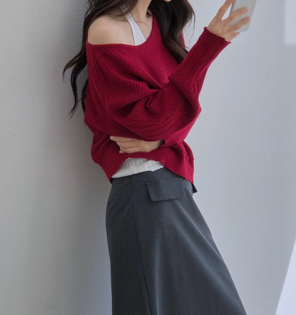 Oversized Wide Boat Neck Cropped Rib Knit Top