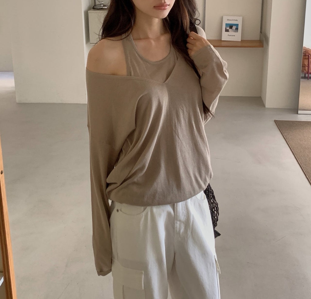V-Neck Layered Look Long Sleeve Knit Top