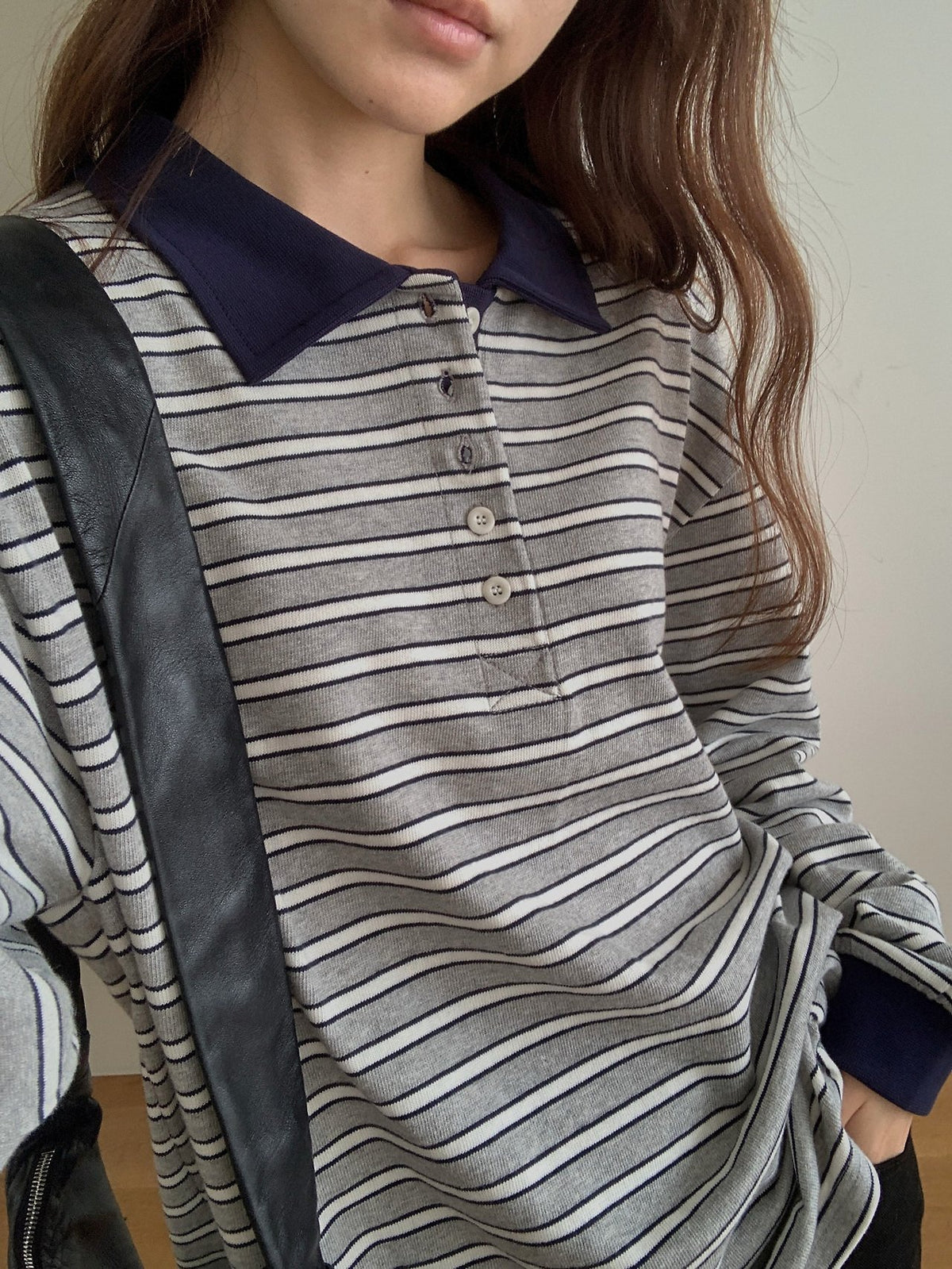 Striped Polo Collar Long Sleeve Tee with Side Slits