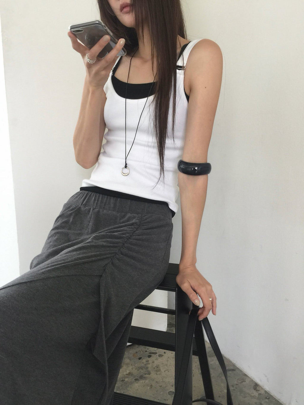 Nweol ribbed square neck tank top in Lime, styled with skirt