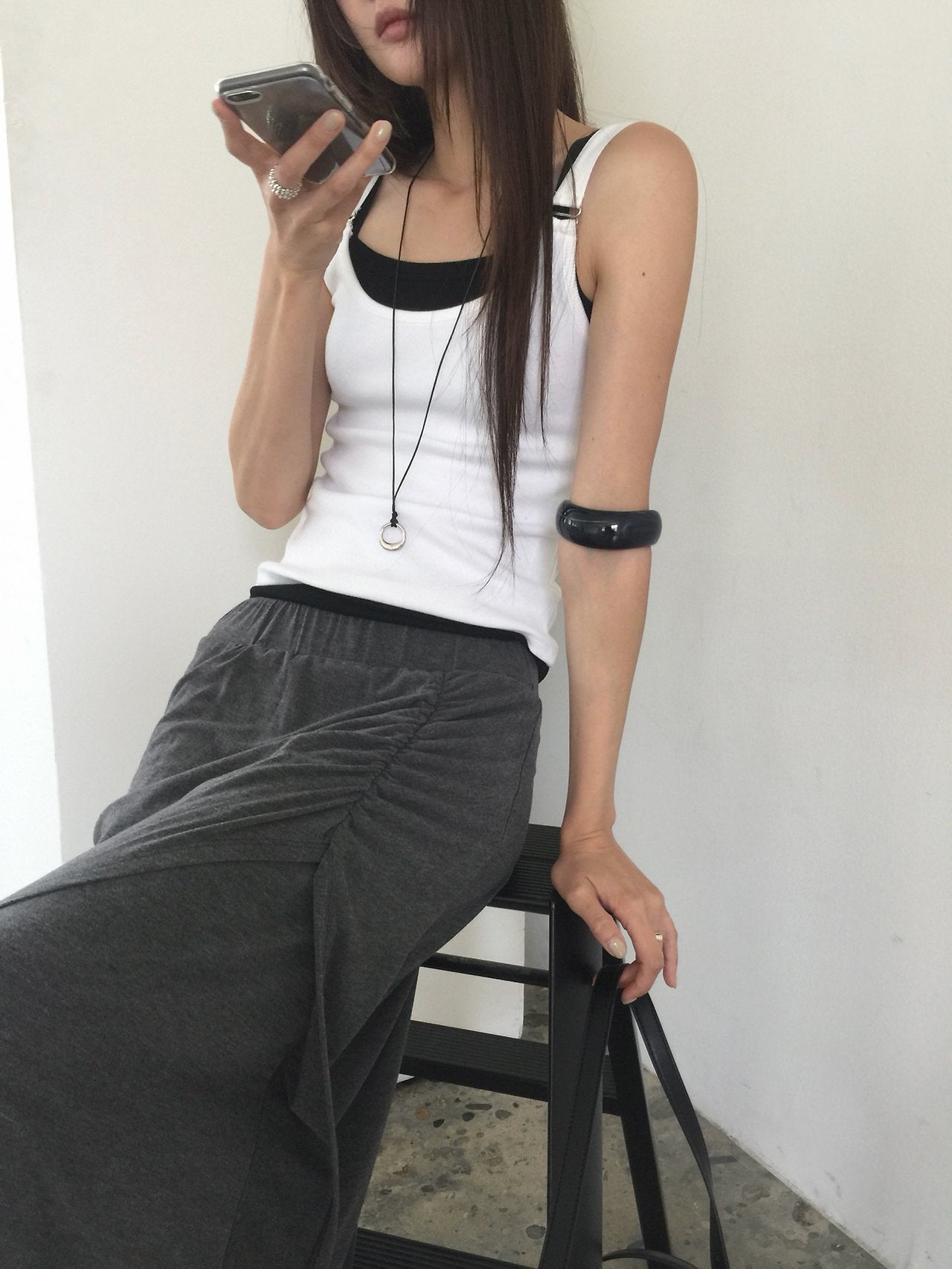 Nweol ribbed square neck tank top in Lime, styled with skirt