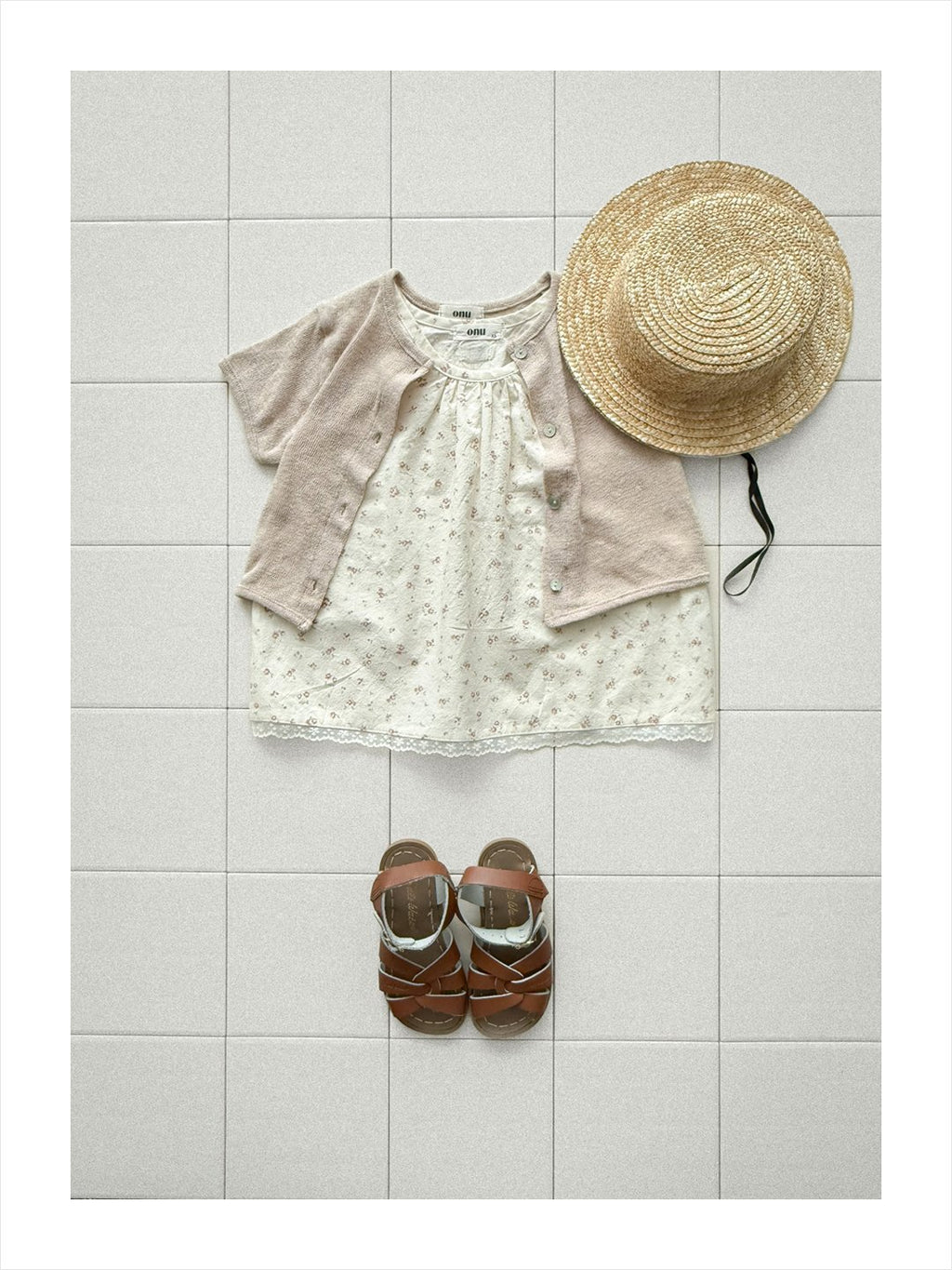 Onu Ditsy Floral Shirred Neck Dress with Lace Hem (+Optional Knit Cardigan)— Kids