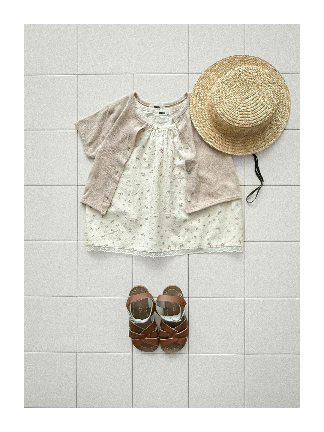 Onu Ditsy Floral Shirred Neck Dress with Lace Hem (+Optional Knit Cardigan)— Kids