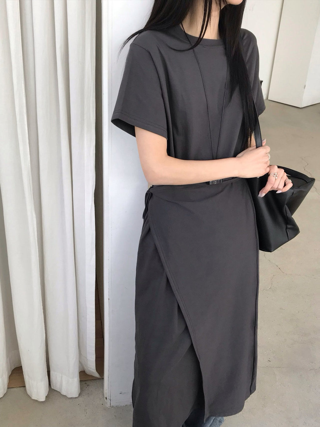 Jeiin Crew Neck Short Sleeve Wrap Panel Midi Dress