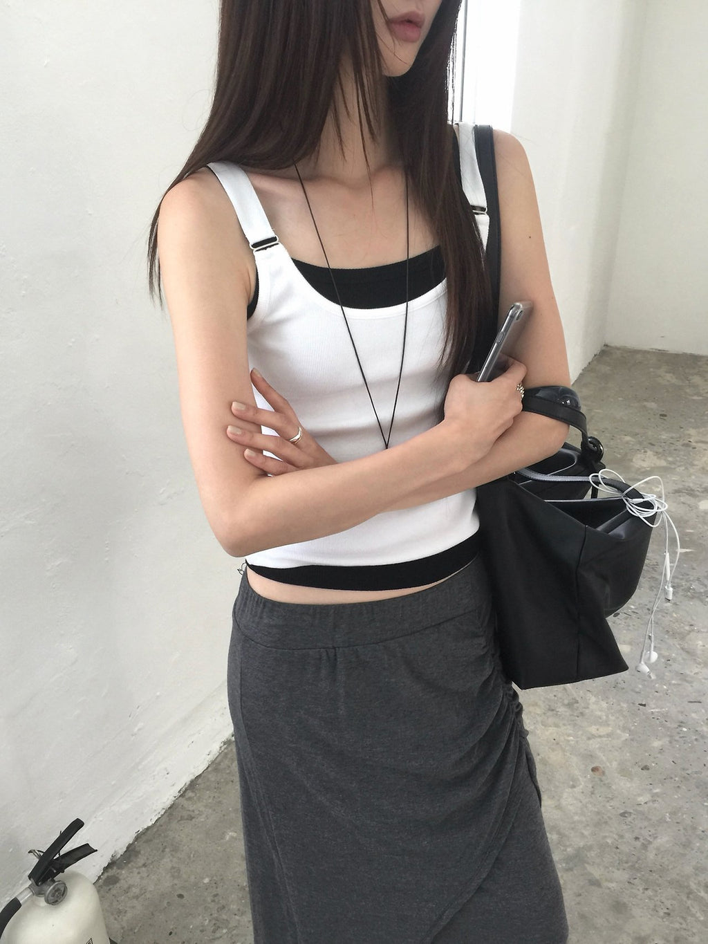 Nweol ribbed square neck tank top in Charcoal, front view styled