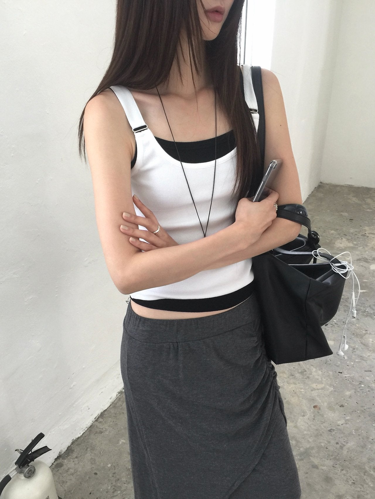 Nweol ribbed square neck tank top in Charcoal, front view styled