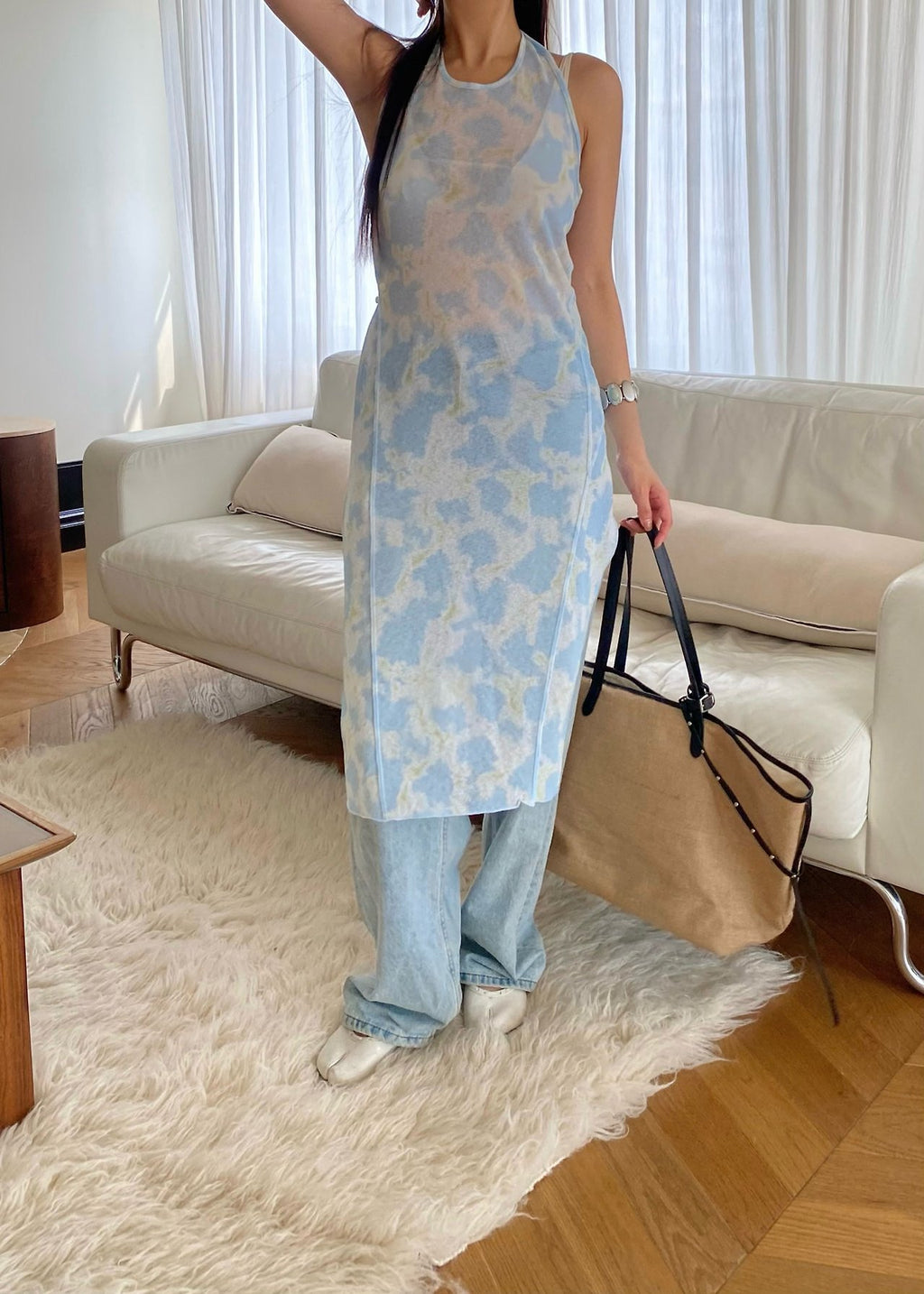 OUPPT Floral Print Halter Neck Midi Dress with Side Tie & Lettuce Hem