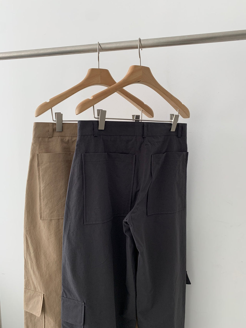 Vivel multi cargo pocket wide leg pants in Charcoal, product flat lay front view on white surface