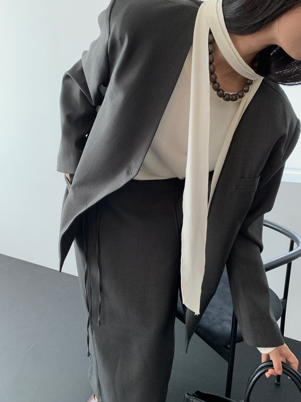 Charcoal collarless jacket front view