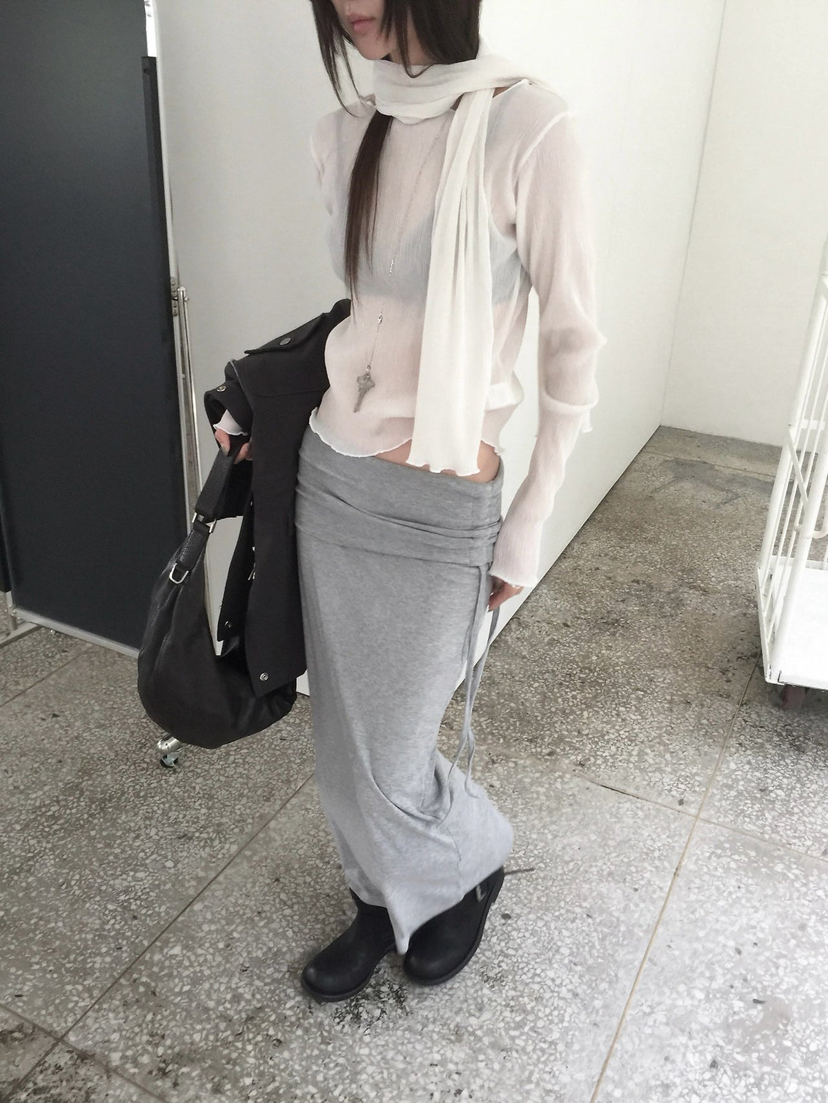 Pleated Long Sleeve Top with Scarf Set