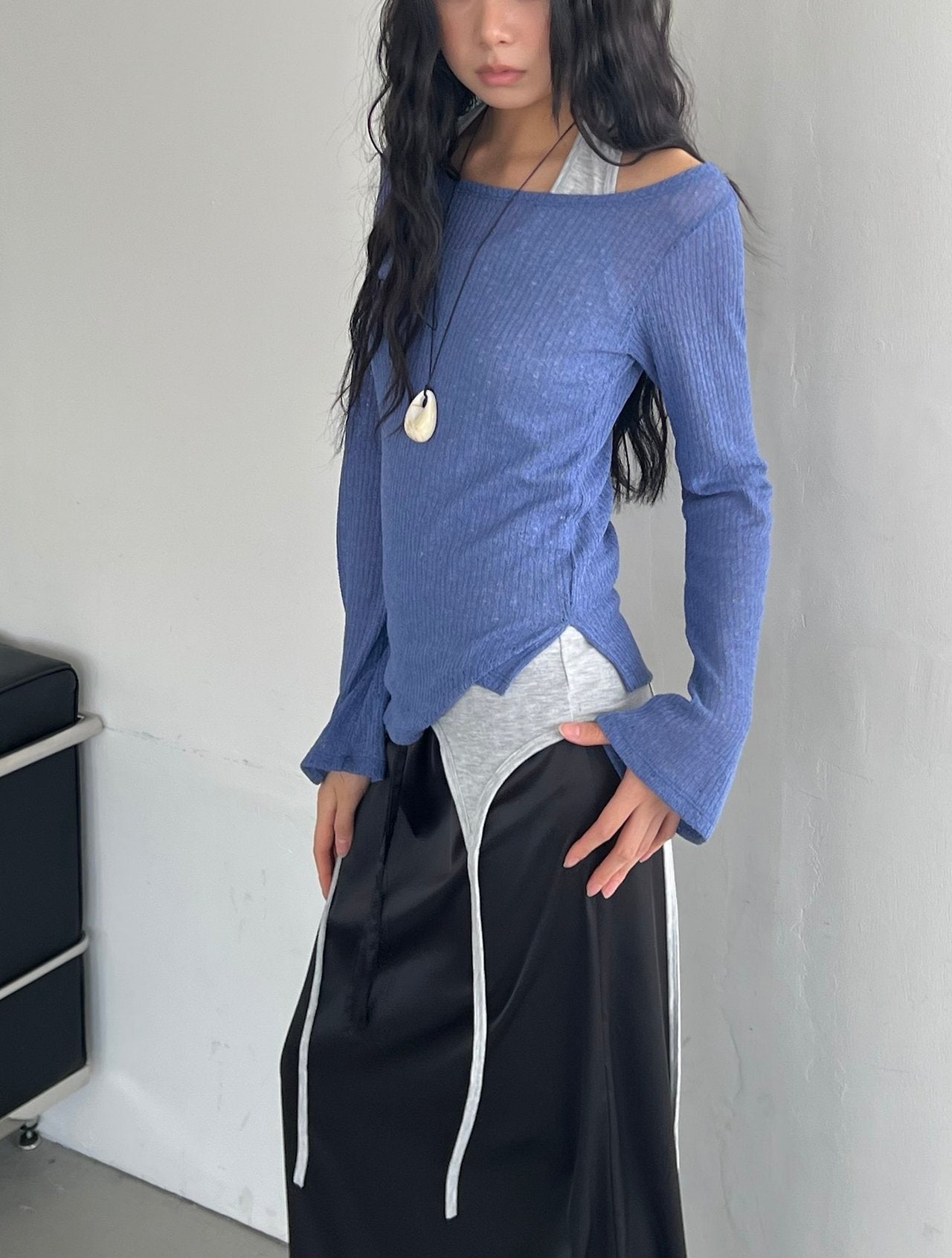ASKHAKI Off-Shoulder Wide Neck Flare Cuff Asymmetric Hem Knit Top