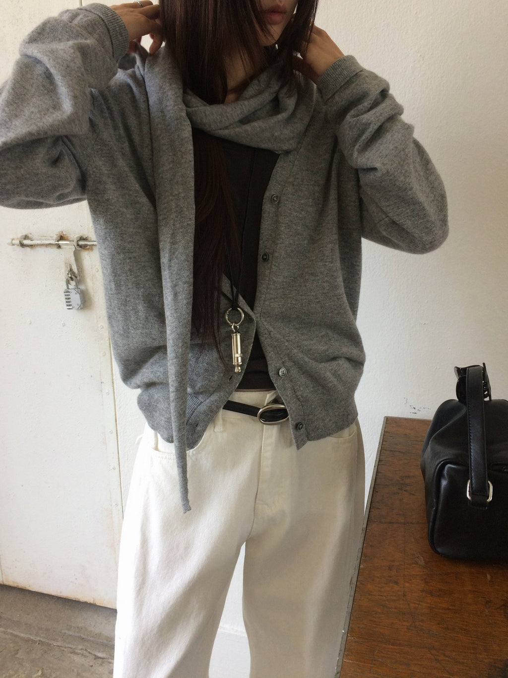 V-Neck Button Knit Cardigan with Set Scarf