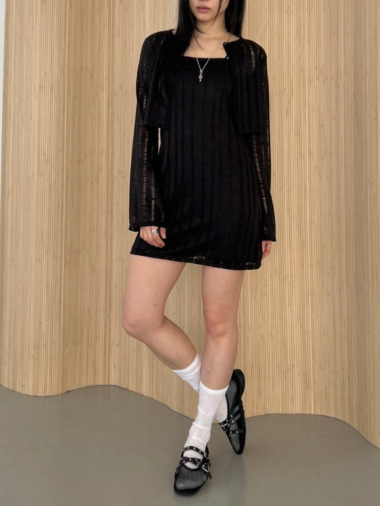 ASKHAKI Hole Knit Open-Front Cardigan & Square Neck Mini Dress Set