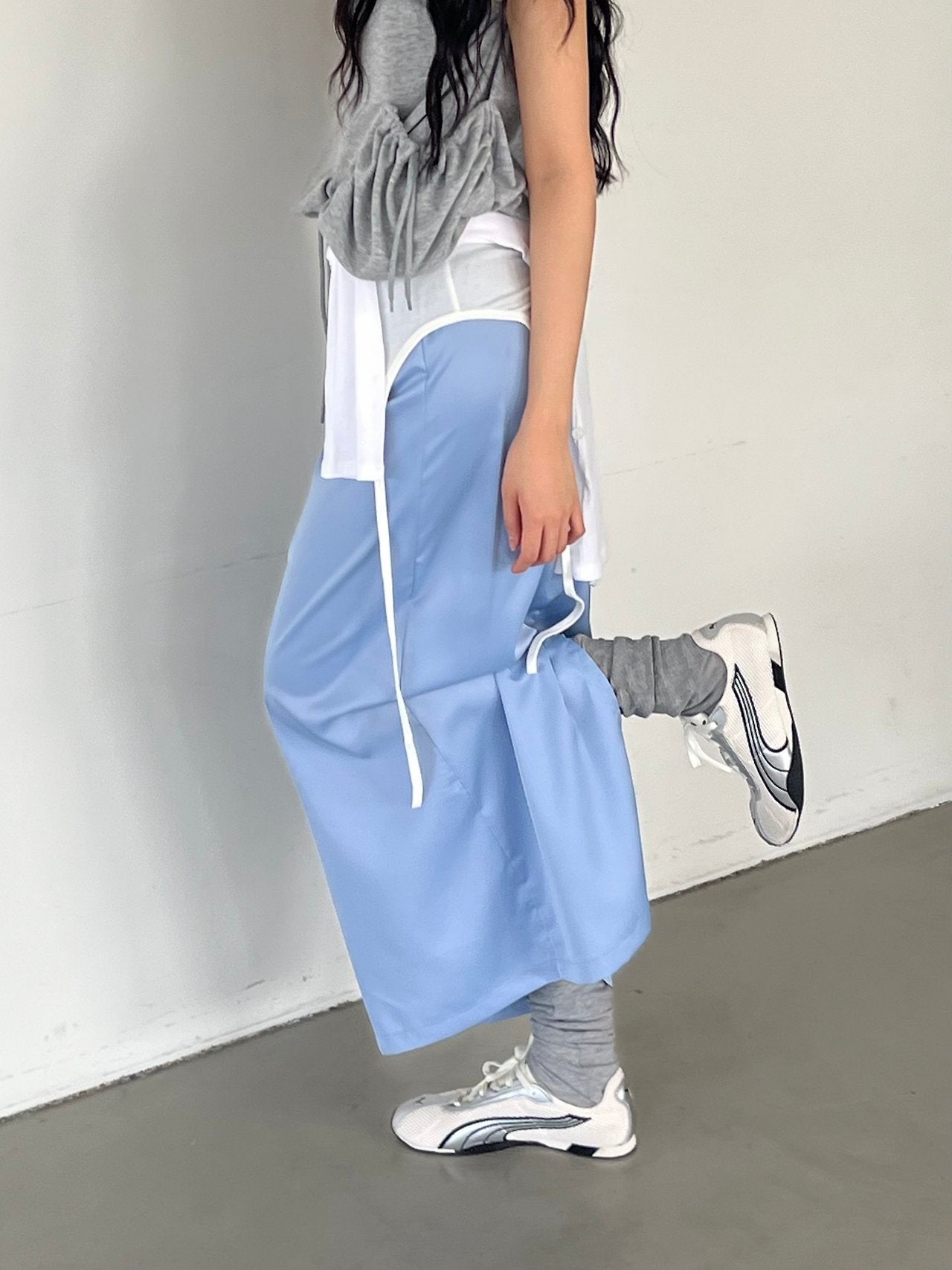ASKHAKI Contrast Piping Drawstring Wide Leg Long Skirt