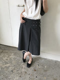 Newol Double Buckle Eyelet Pleated Midi Skirt — Asymmetric Hem
